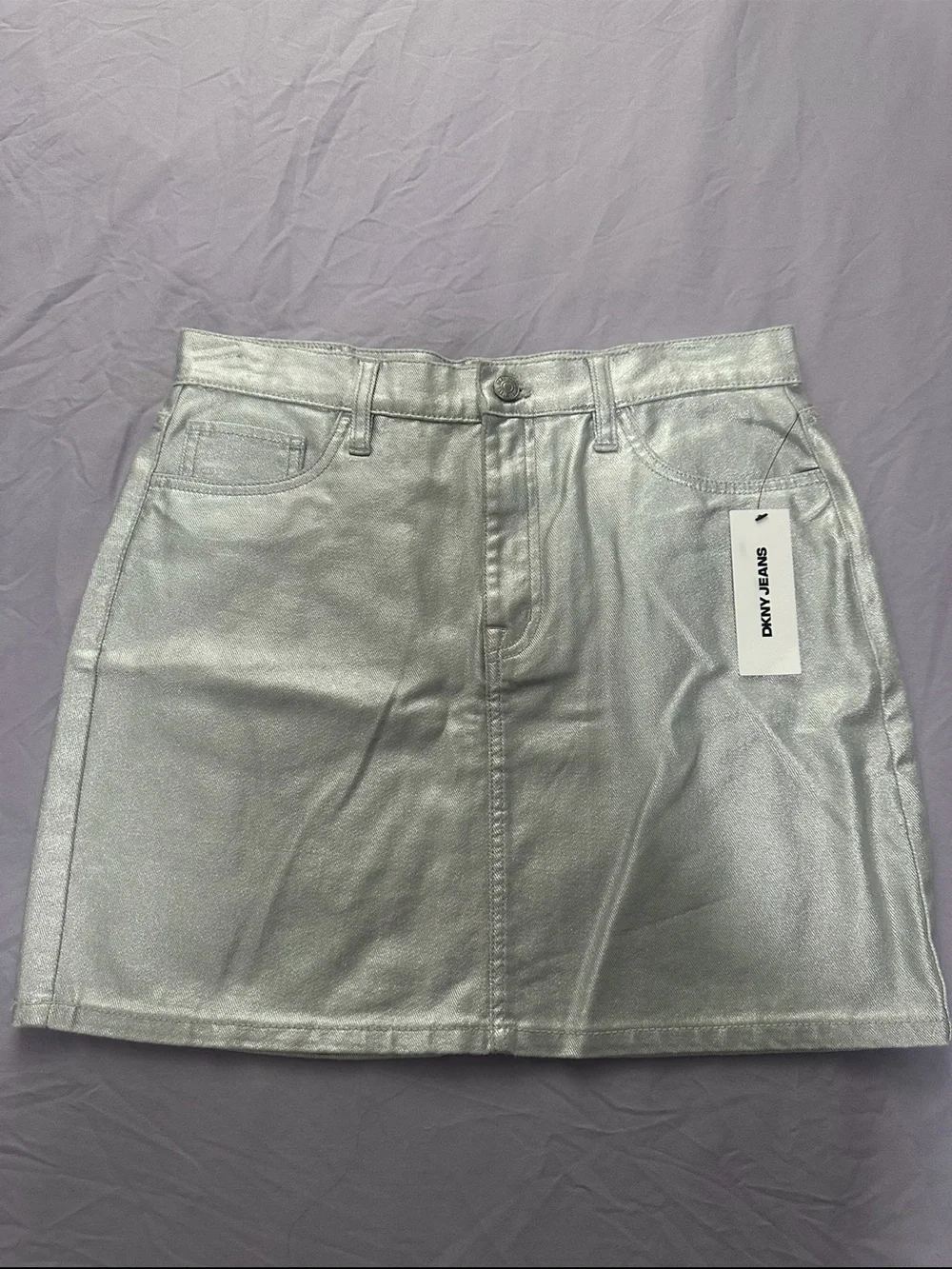 NWT DKNY Jeans Metallic Silver High Rise Mini Skirt Foil Denim Y2K